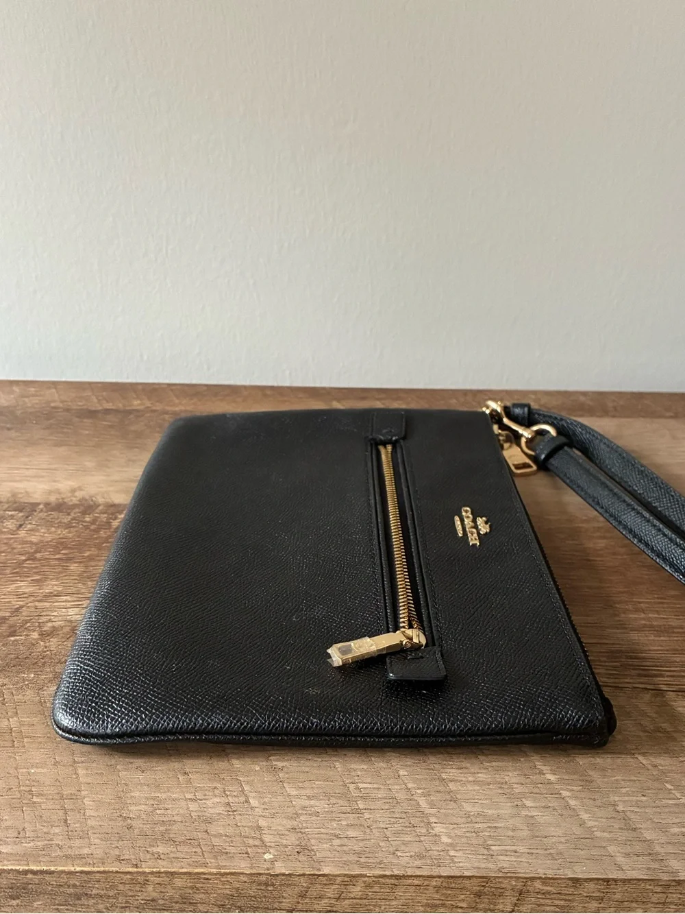 Coach Black Leather Wristlet with Gold Hardware